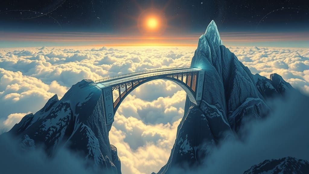 Surreal Crystal Bridge Connects Two Mountain Peaks in Ethere...