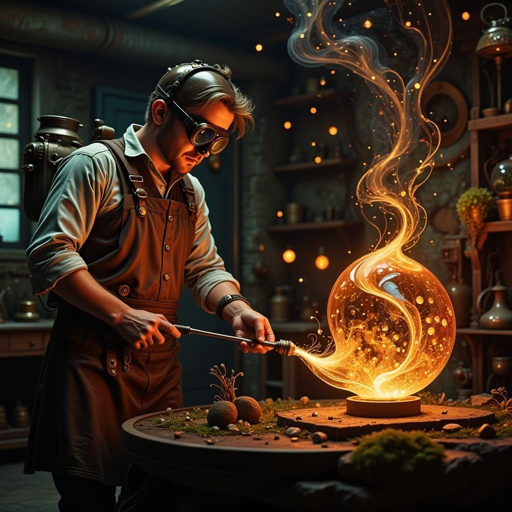 Craftsman Blowing Molten Glass in Industrial Workshop