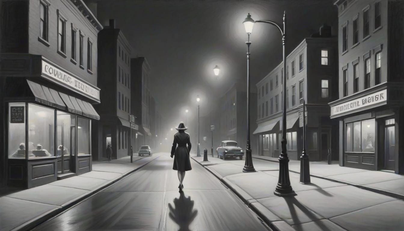 Woman Strolls Down a Desolate City Street at Night