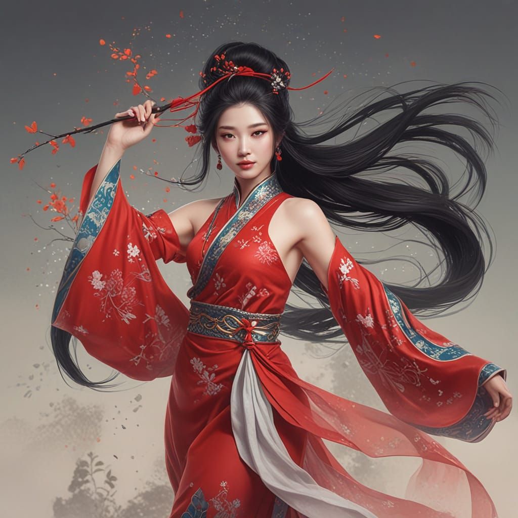 Ethereal Chinese Beauty in Traditional Red Dress