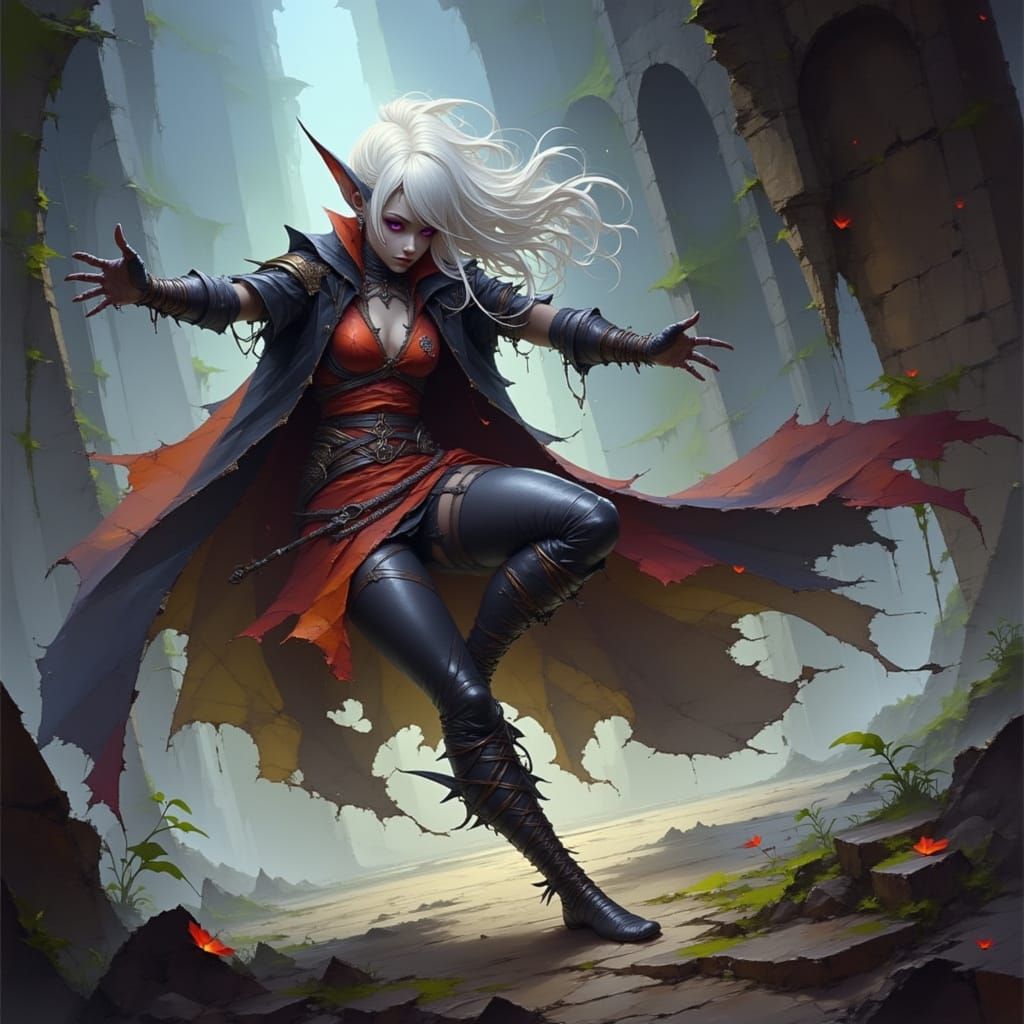 Drow Elf Rogue on Ancient Temple Ruins