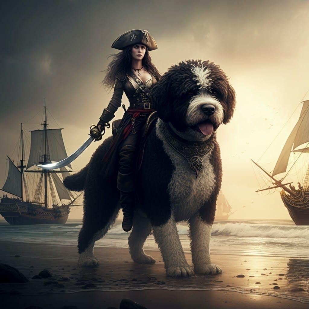 Pirate Woman Rides Dog on Beach