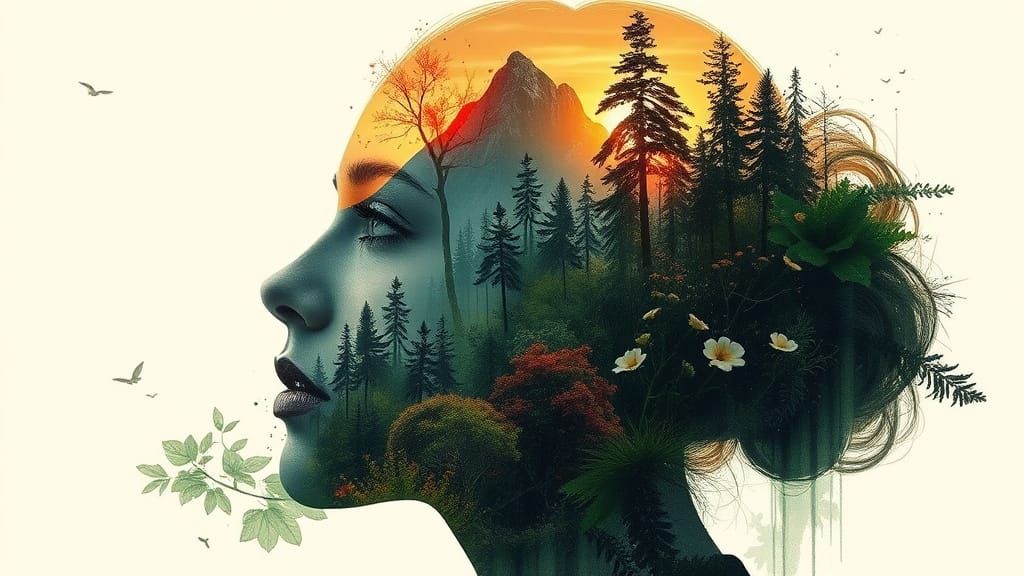 Ethereal Forest Paradise Landscape in Woman's Head