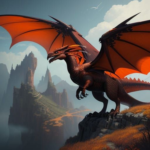 Majestic SkyWing Dragon with Rust-Colored Scales in Dramatic...
