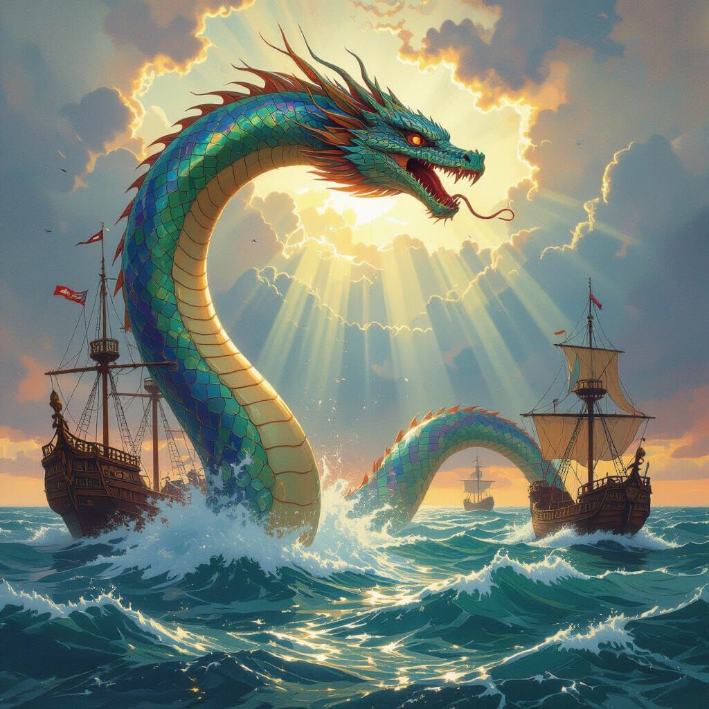 Glistening Sea Serpent Emerges from Stormy Ocean