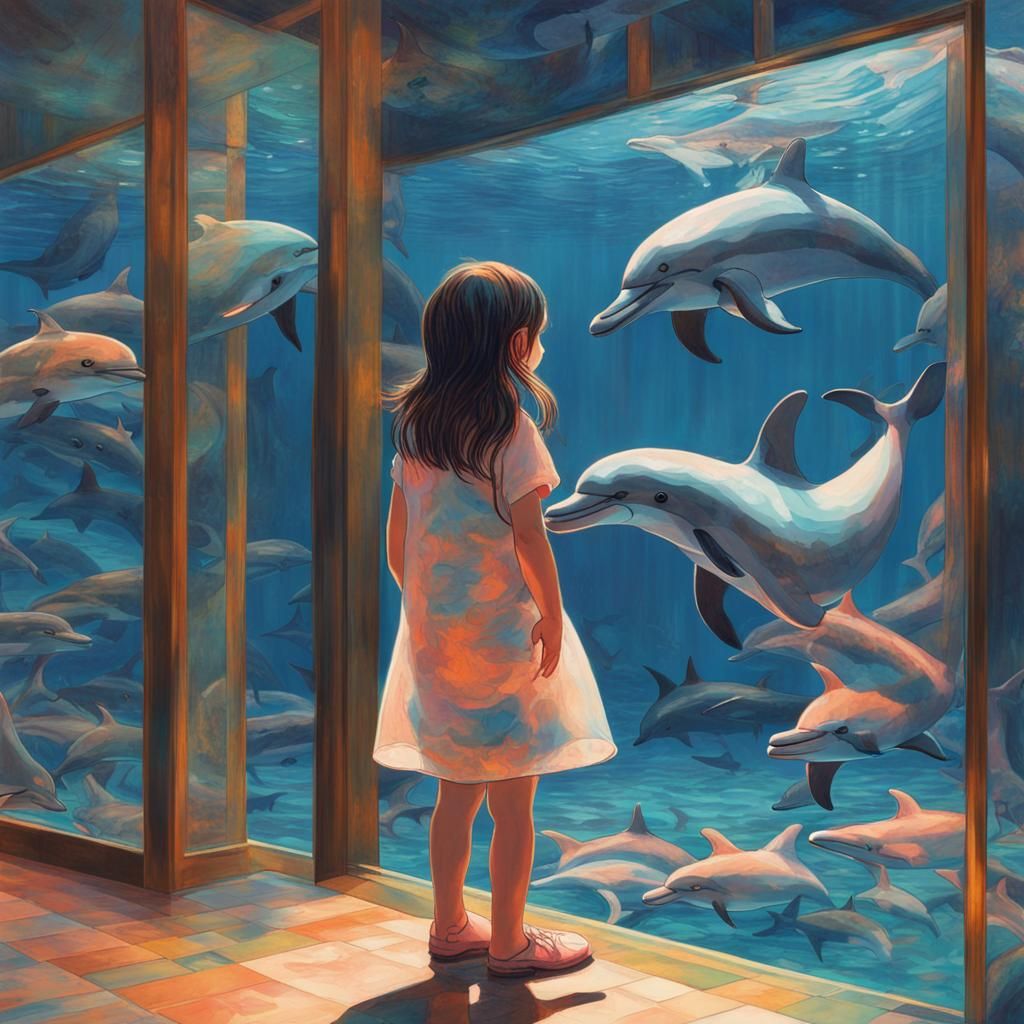 Girl Mesmerized by Hologram Dolphins in Ukiyo-e Style