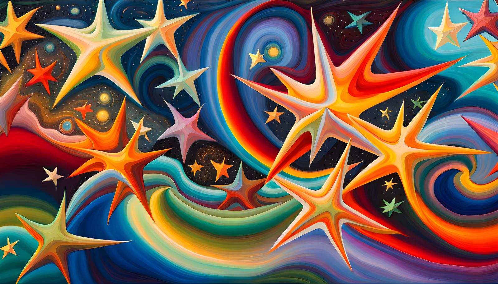 Iridescent Stars in Aboriginal Impasto Oil Painting Style