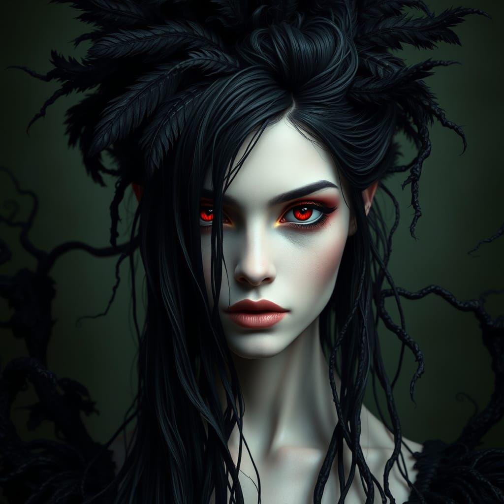 Ethereal Fantasy Portrait with Crimson Eyes and Dark Vines