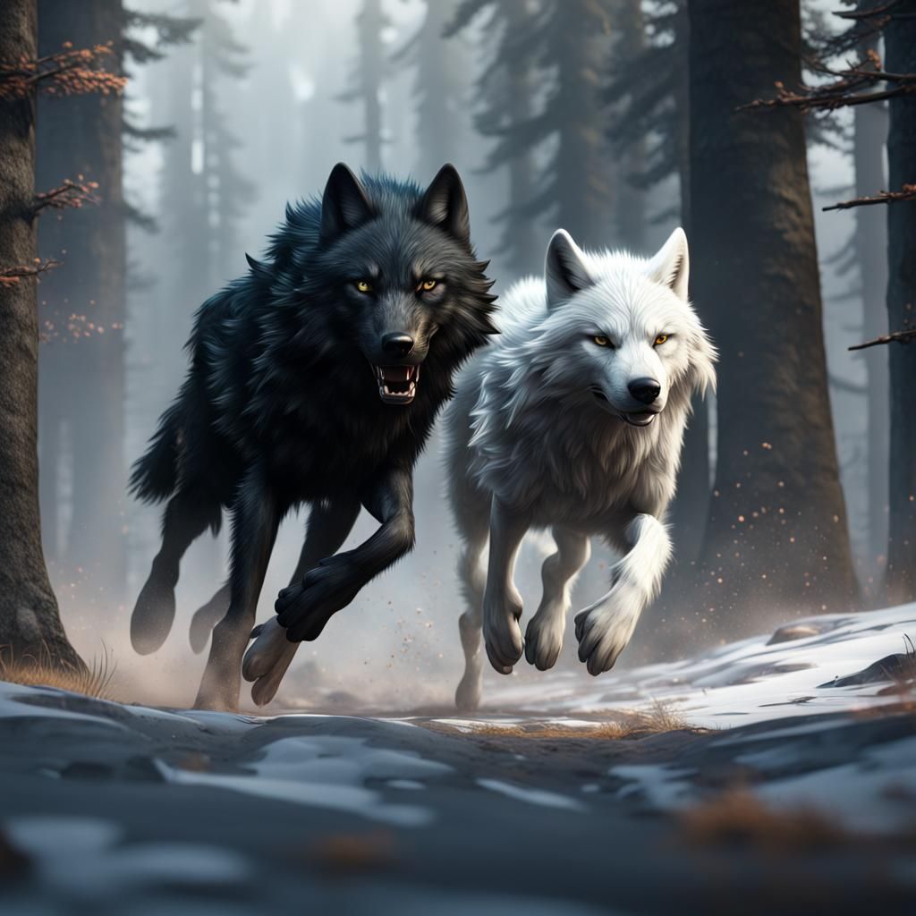Black Wolf and White Wolf Fantasy Art