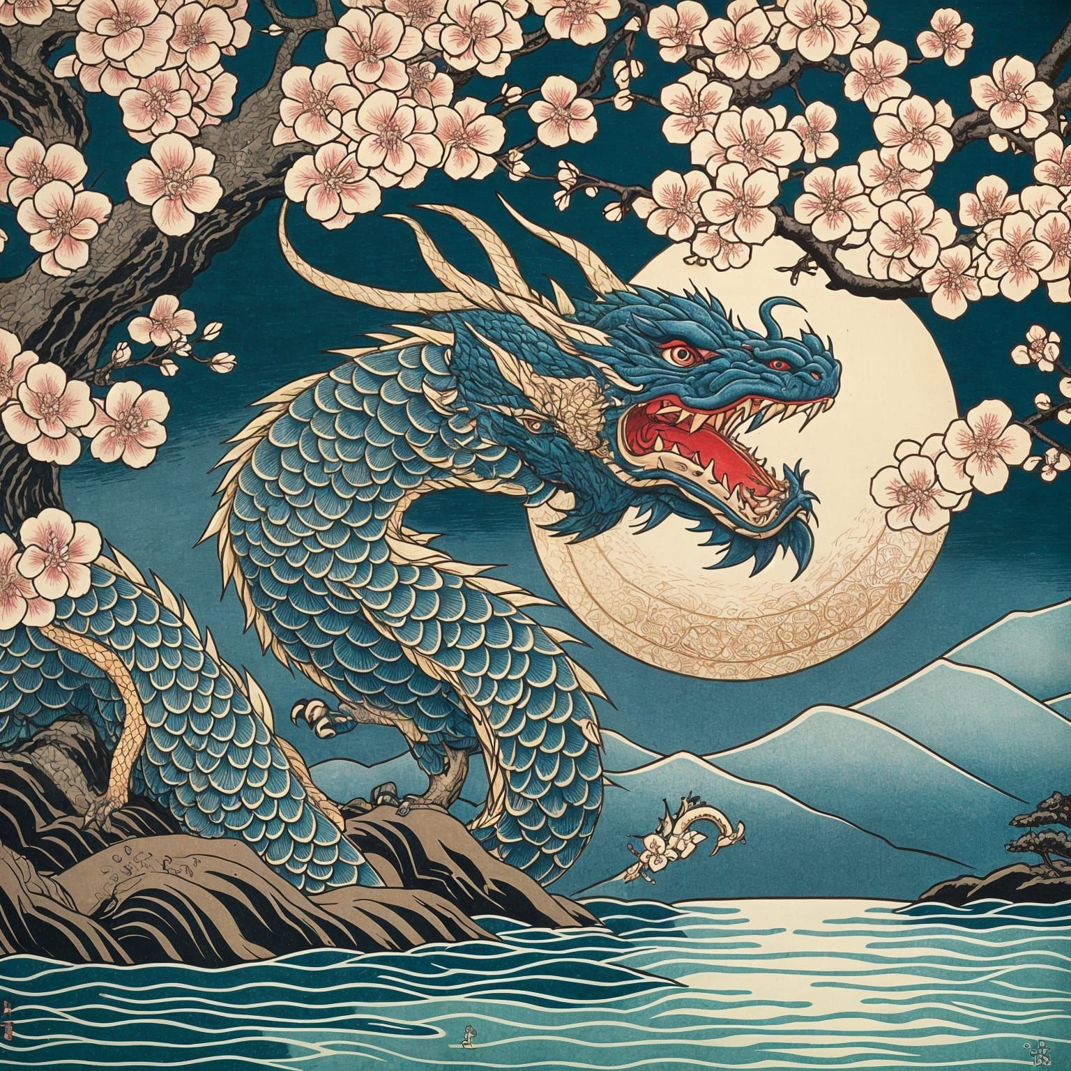 Ukiyo-e Dragon Under Cherry Blossoms