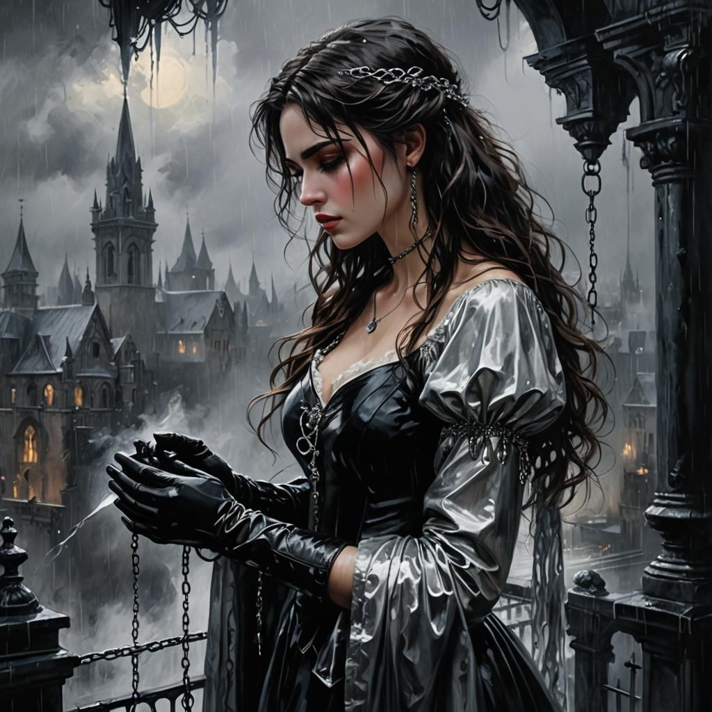 Melancholy Brunette in Rain, Dark Fantasy Illustration