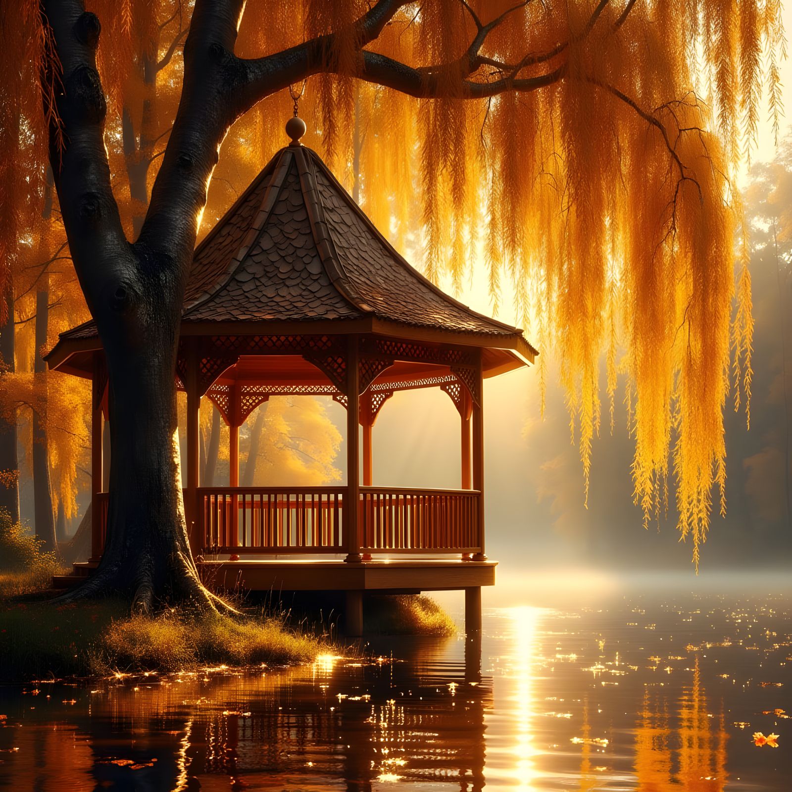 Autumn Gazebo Under Weeping Willow Tree