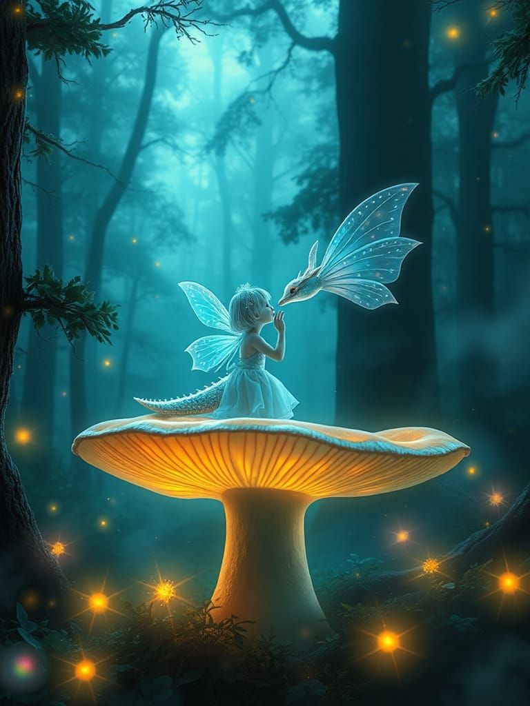 Fairy and Dragon Kiss in Bioluminescent Forest