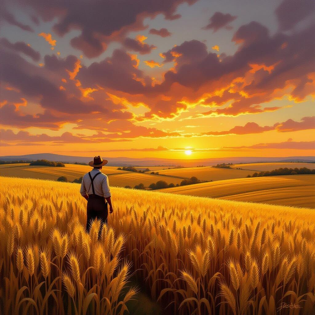 Epic Oil Painting of Farmer in Golden Wheat Fields