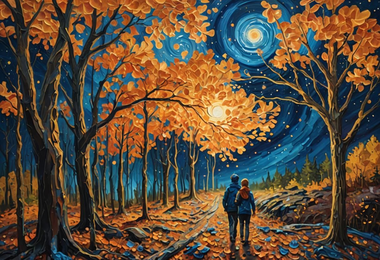 Autumn Forest Night Sky: An Impasto Oil Painting