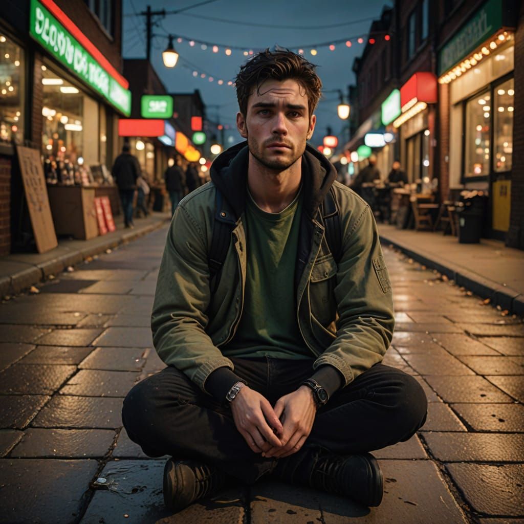 Young Man's Christmas Desperation in Gritty Urban Setting