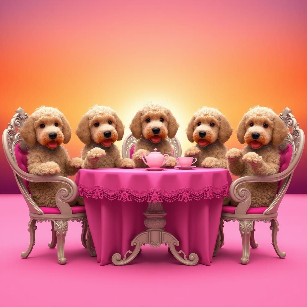 Golden Doodles Tea Party in Ornate Setting