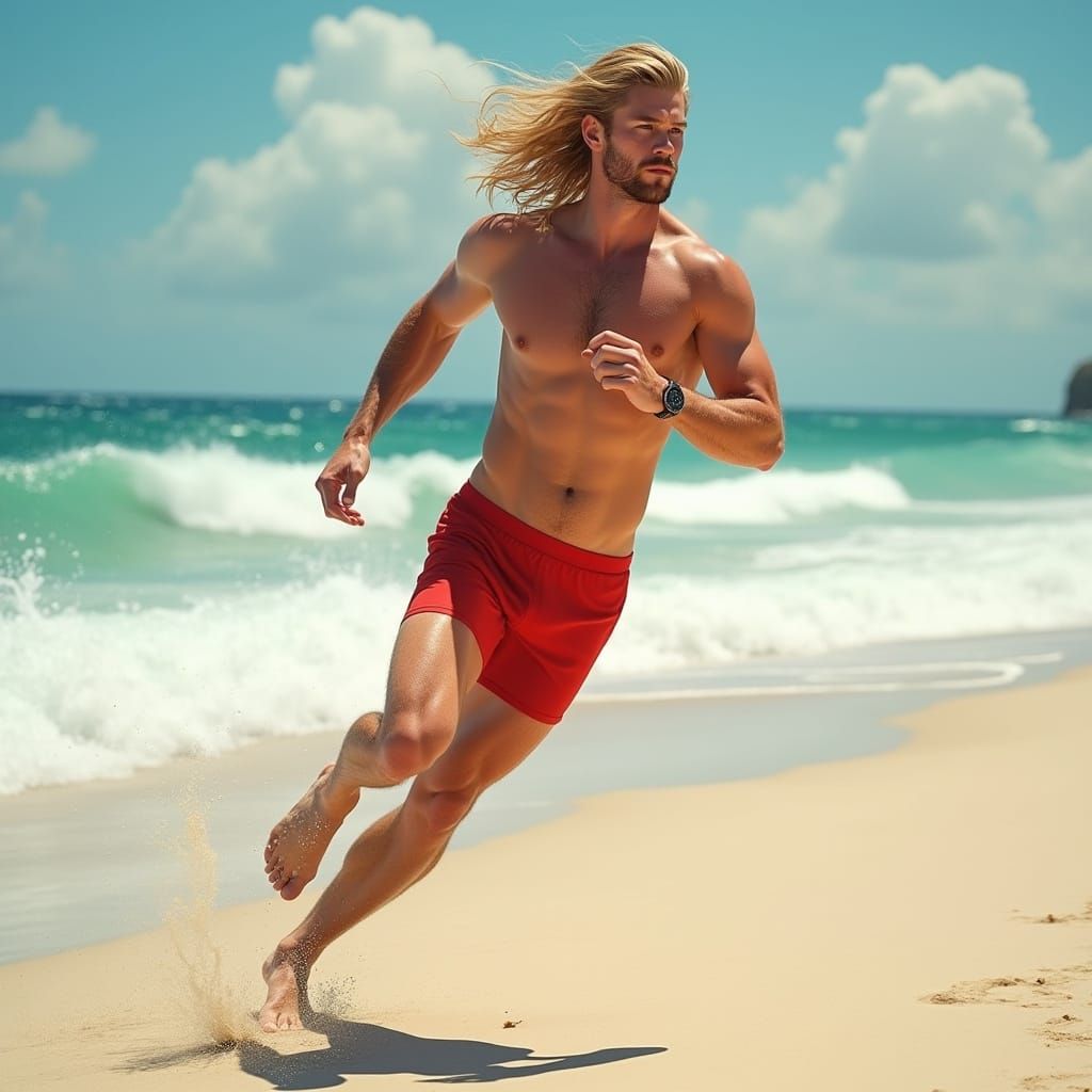 Chiseled Athlete in Red Speedos Runs Along Sun-Kissed Beach