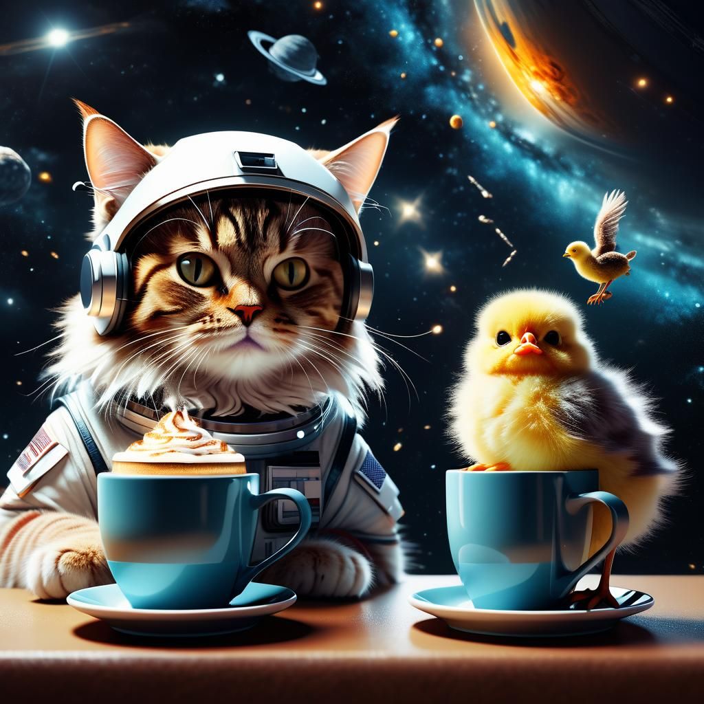 Cat and Chick Enjoy Coffee in Space, Digital Art