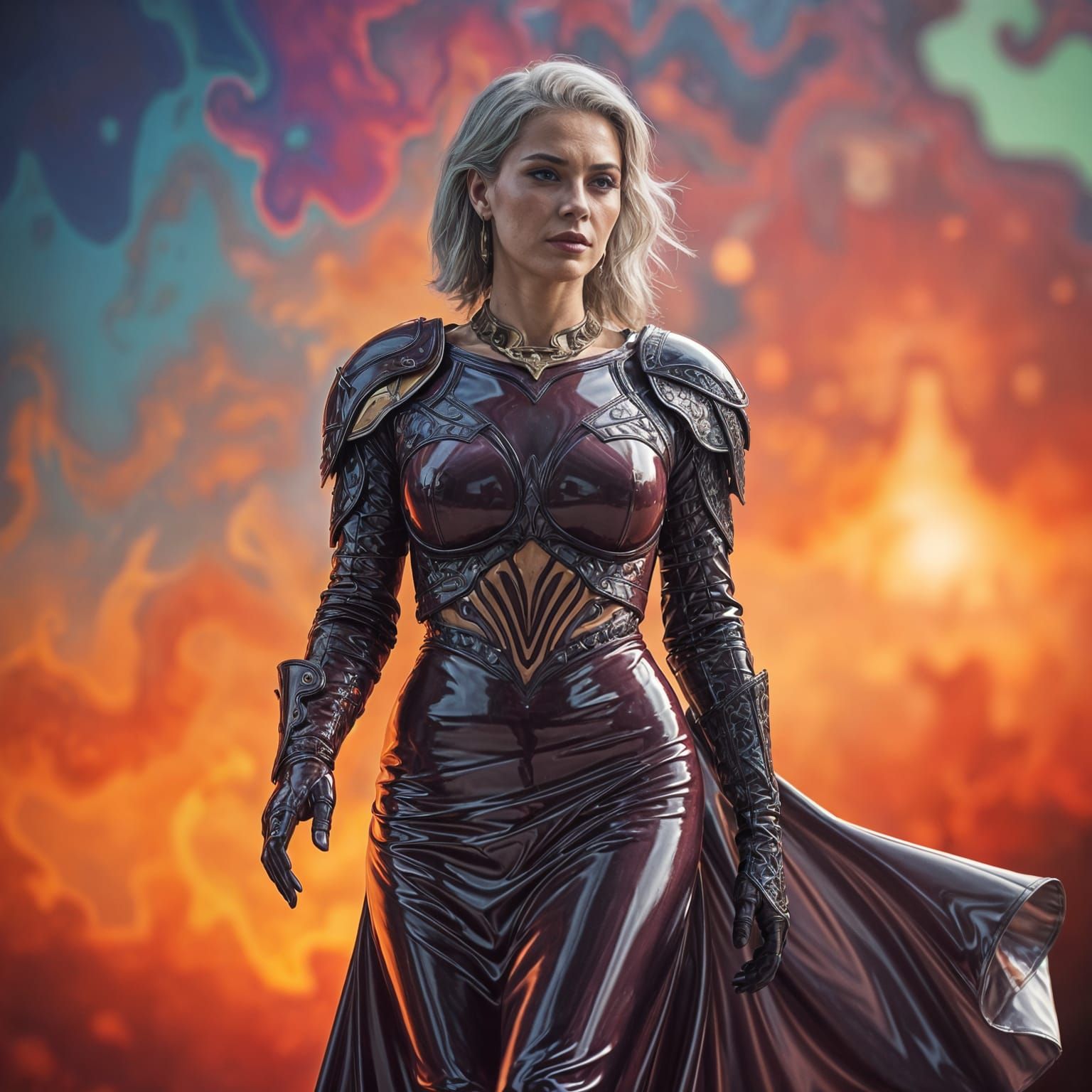 Hyperrealistic Woman in Latex Armor and Dress