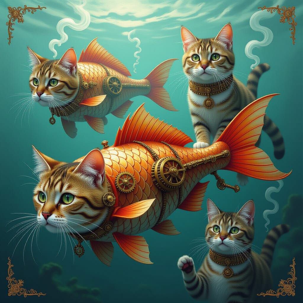 Surreal Steampunk Cats Morph Into Intricate Fish