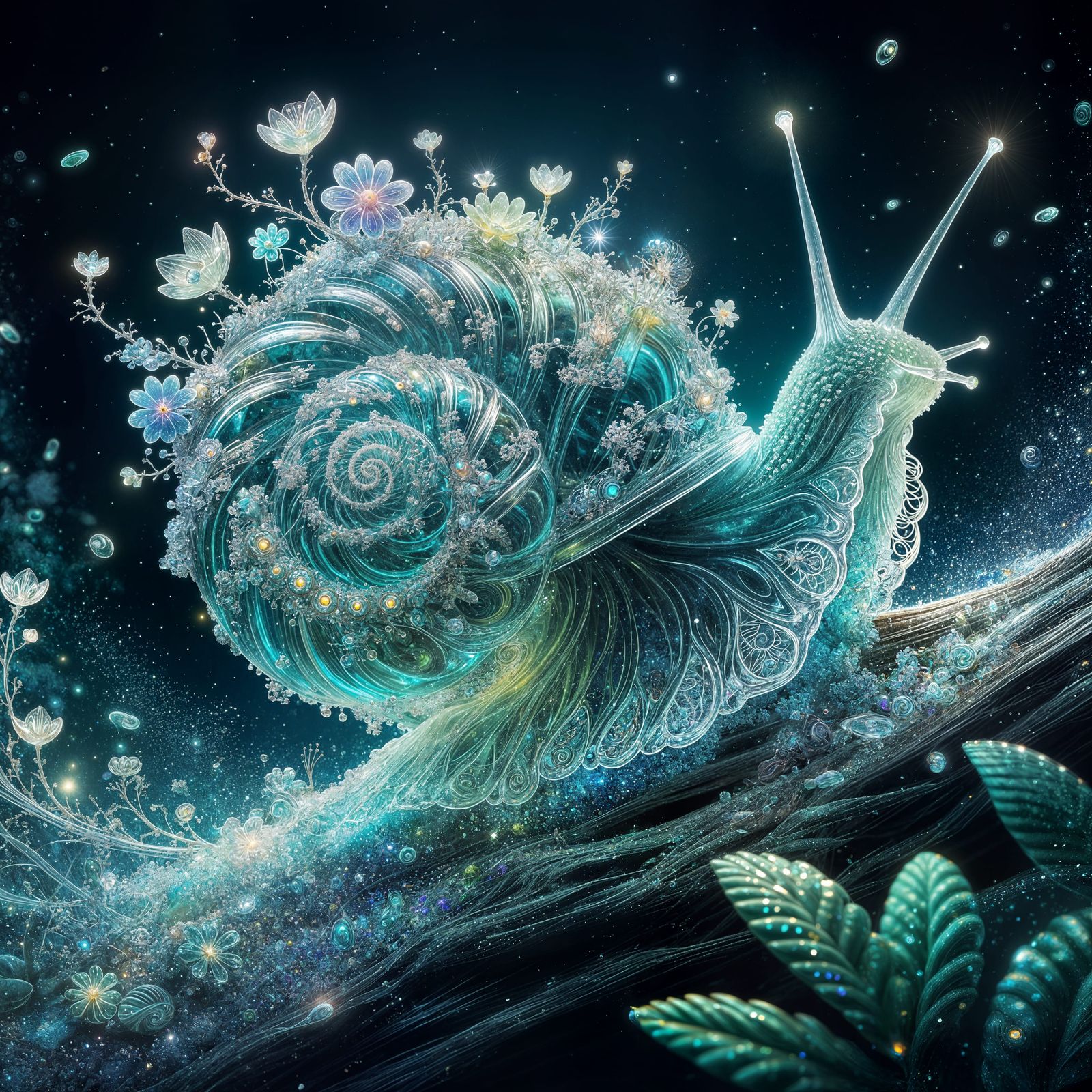 Bioluminescent Flowers in Jade Crystal Snail Shell