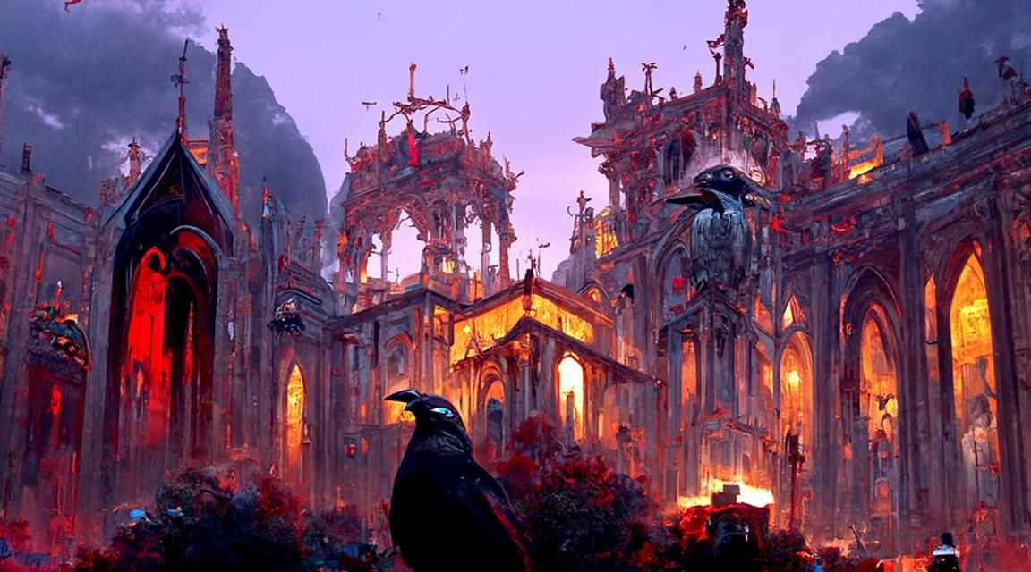Evil Crow Cathedral at Dusk: A Sinister Painting