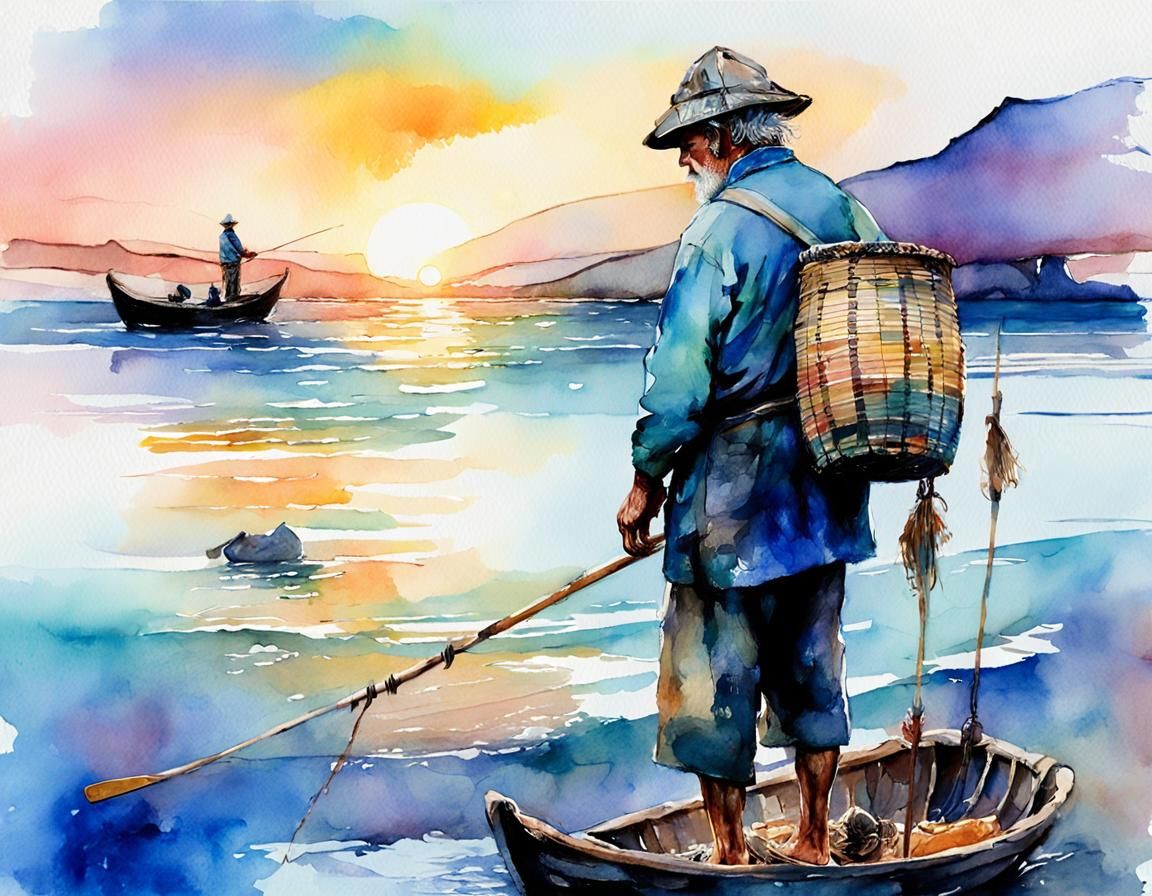 Fisherman in Ocean Paradise: Digital Watercolor Illustration