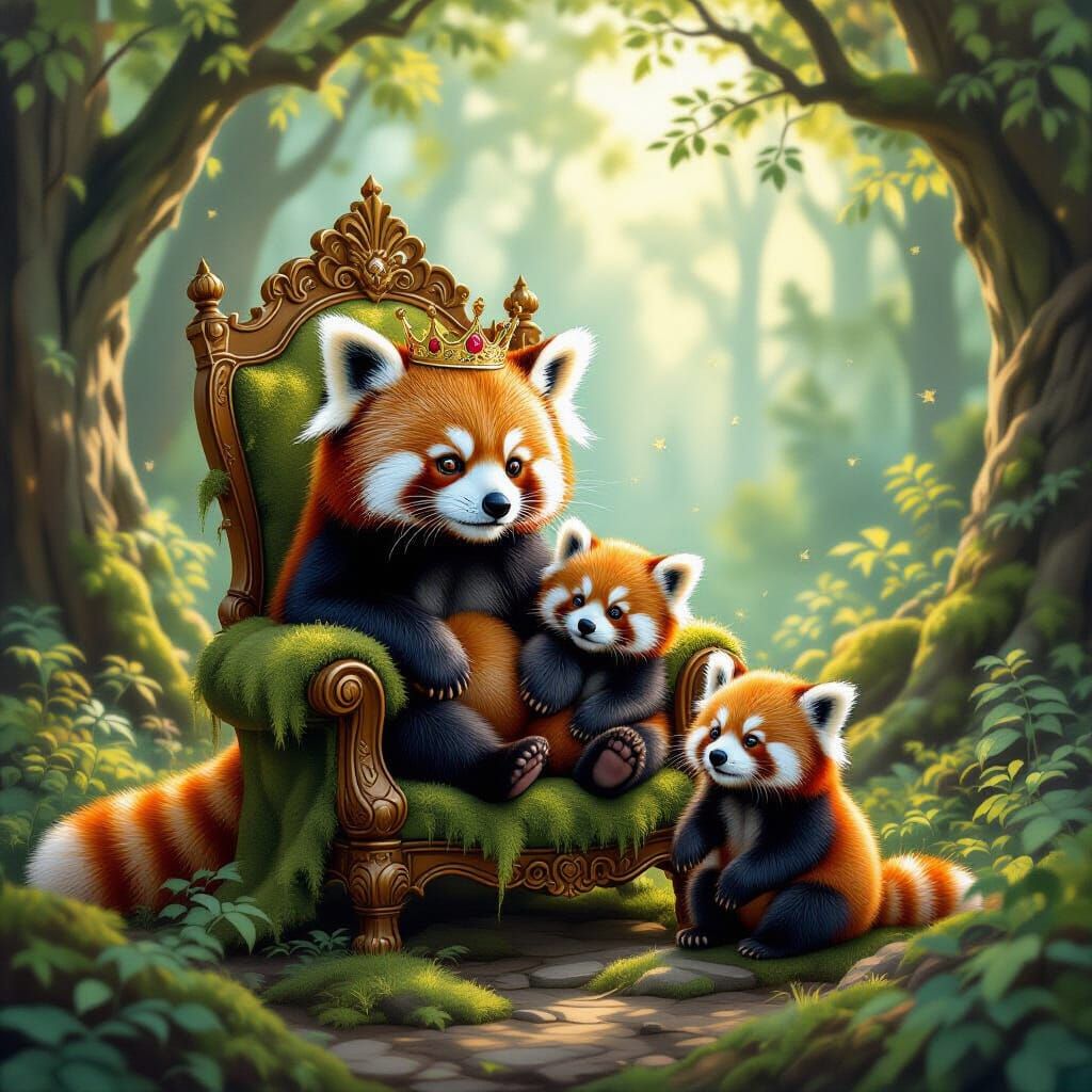 Red Panda Royalty in Enchanted Forest, Oil Painting Style