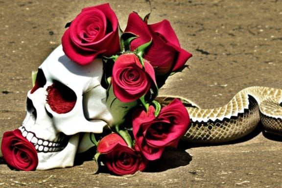 Skeleton Head Devouring Snake Among Roses