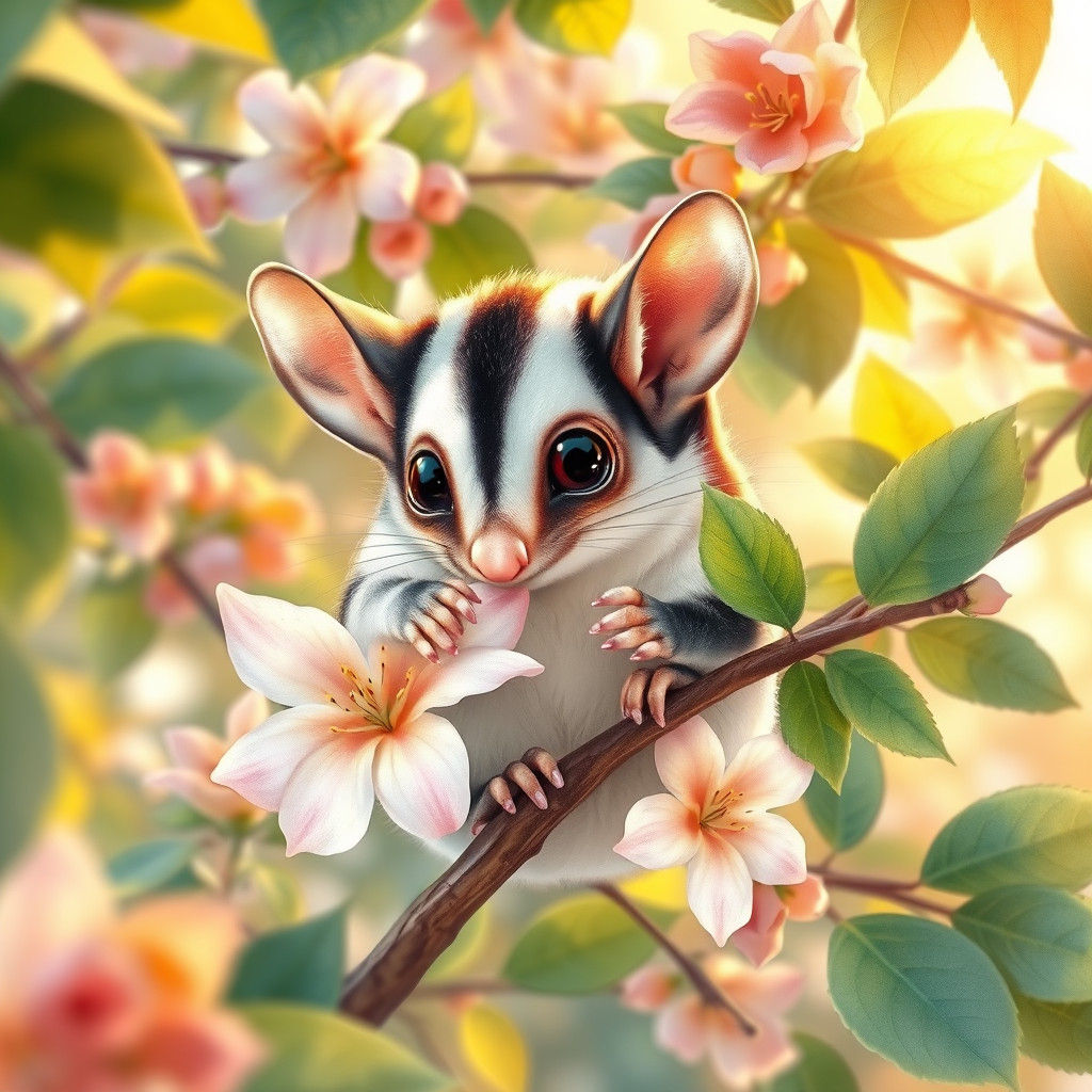 Sugar Glider Nibbling Flower in Whimsical Style