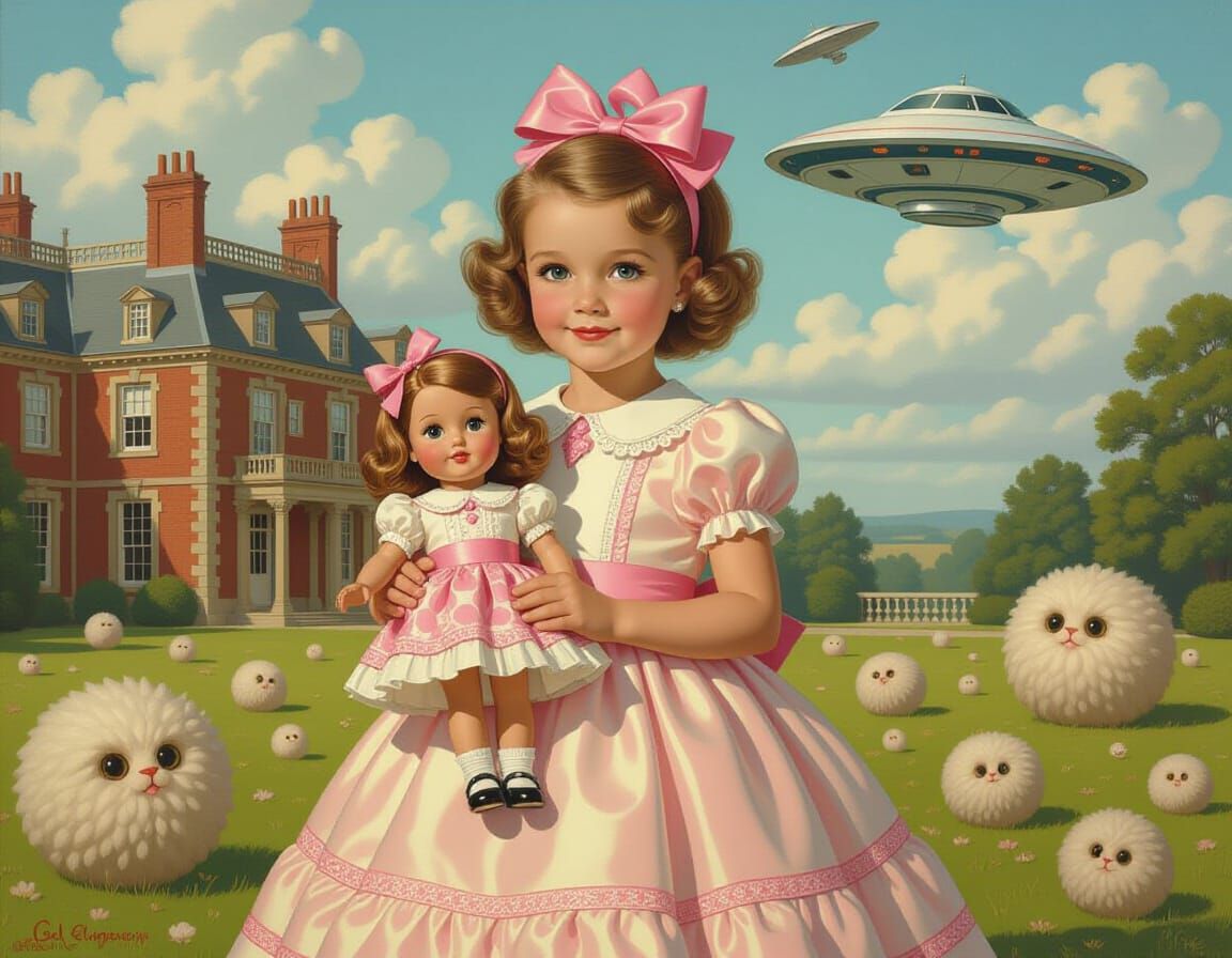 Whimsical Girl with Doll in Estate with UFO