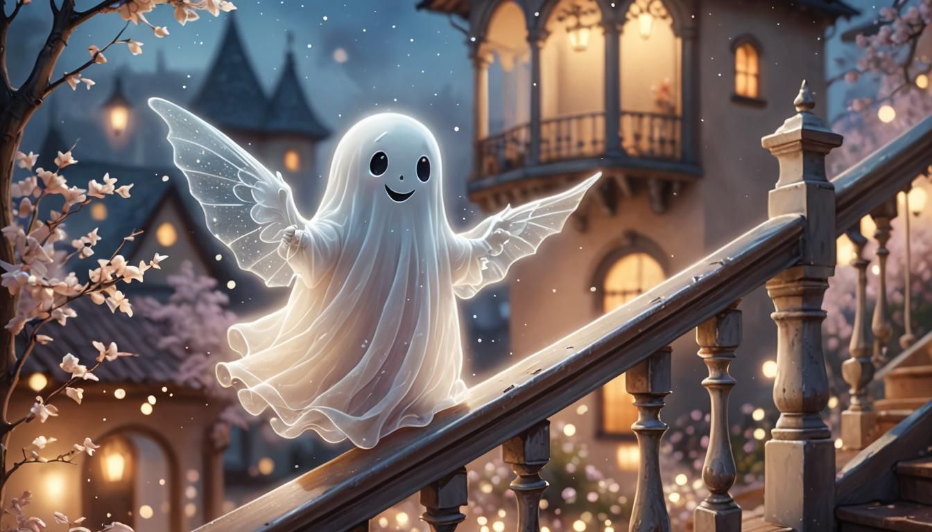 Cute Ghost Slides Down Railing in Pastel Colors