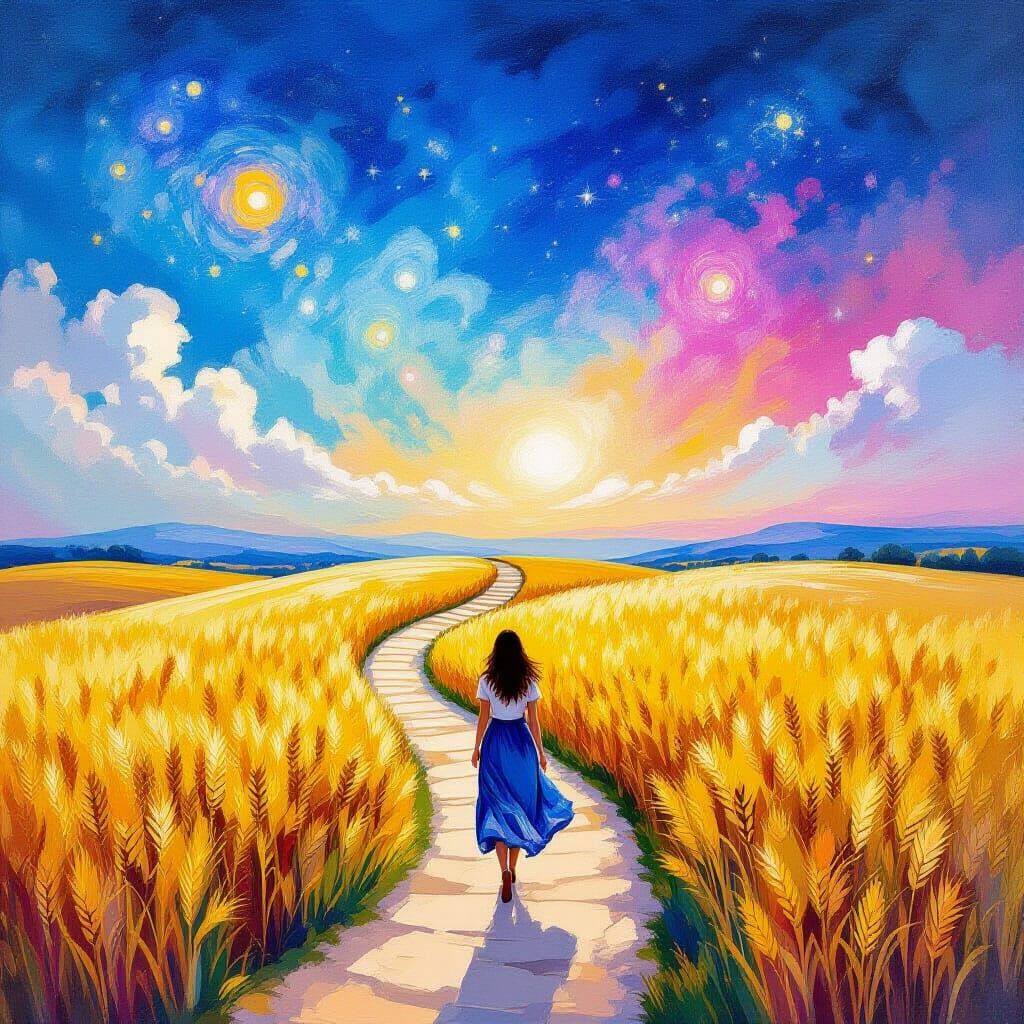 Celestial Ascent: Woman's Journey in Dreamy Landscape