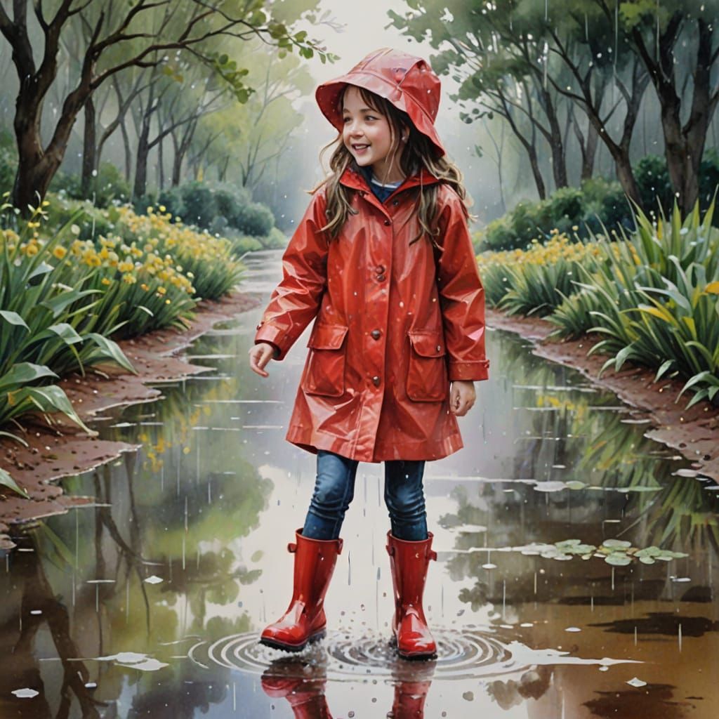 Whimsical Girl in Red Raincoat Sticking Tongue Out to Catch ...