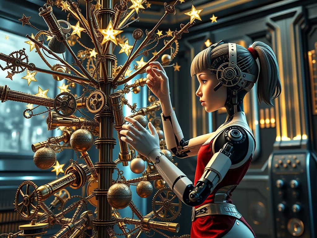 Cyberpunk Girl Hangs Ornaments on Gears and Cogs Christmas T...