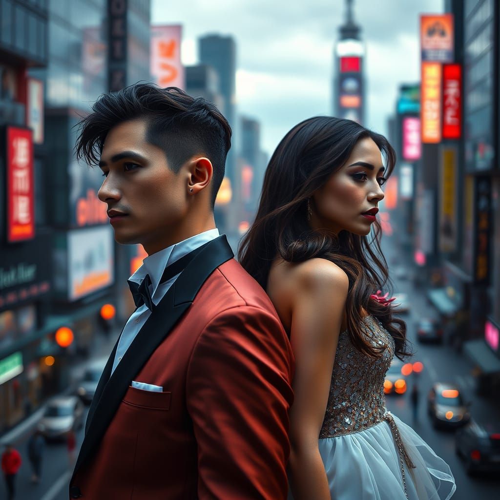 Androgynous Figure Embracing City Life in Hyperrealistic Sty...