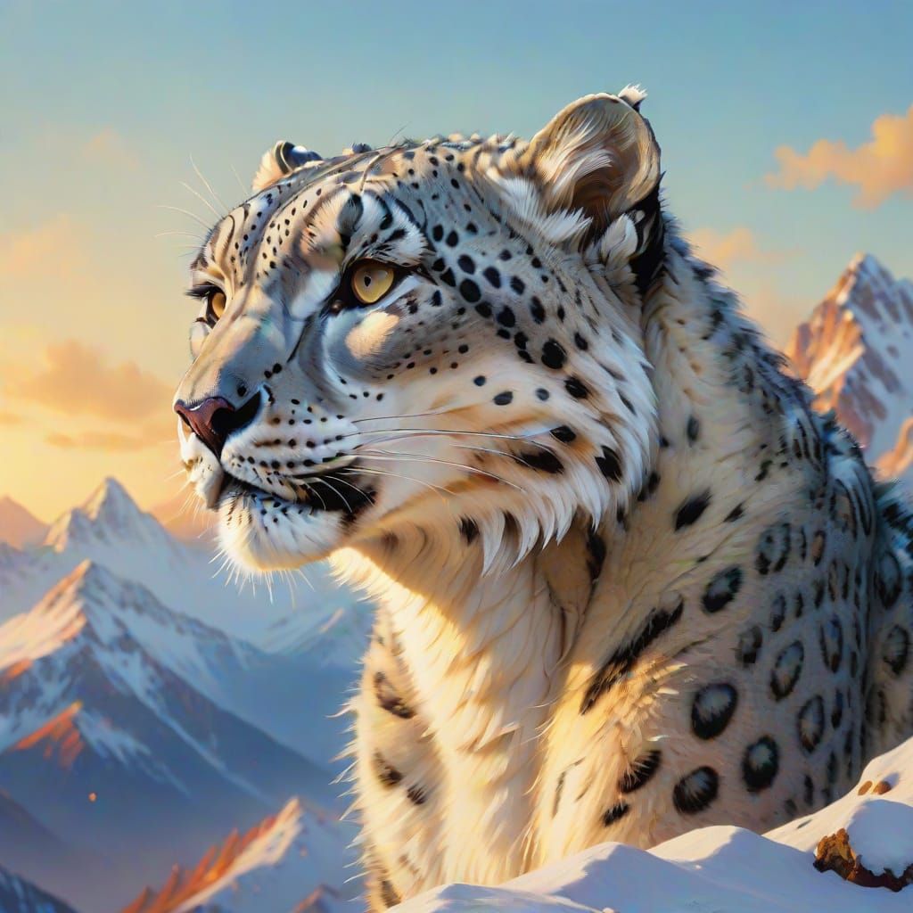 Snow Leopard on Snowy Peak: Oil Painting