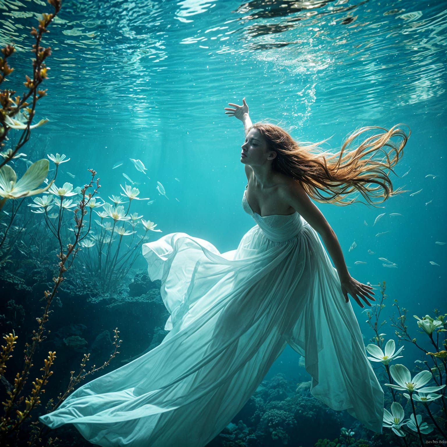 Bioluminescent Underwater Garden with Woman: Hyperrealistic ...