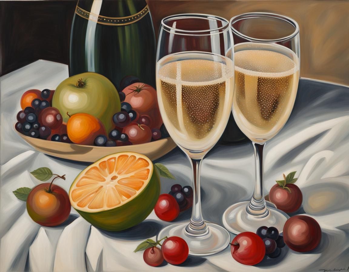 Still Life Painting of Champagne and Fruits