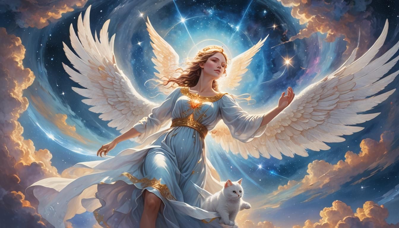 Angelic Woman with Luminous Cat in Galaxy