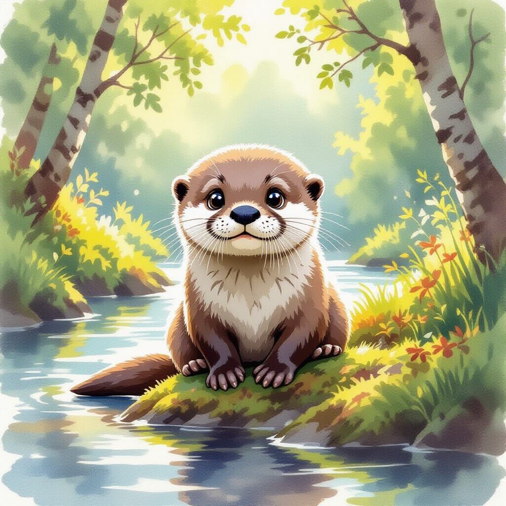 Cute Fluffy Otter on Mossy Riverbank in Watercolor Style