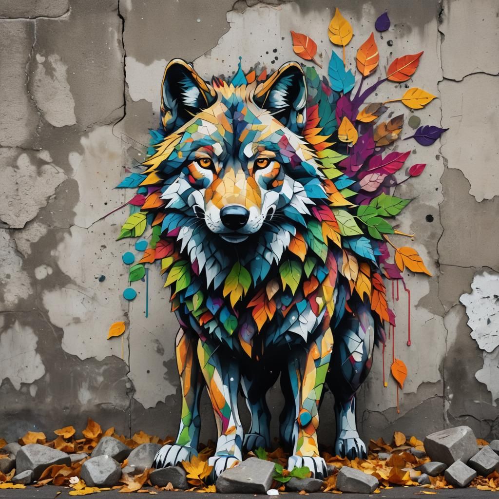 Wolf of Leaves and Stone in Street Art Style