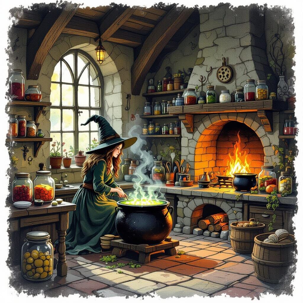 Magical Witch's Kitchen with Bubbling Cauldrons