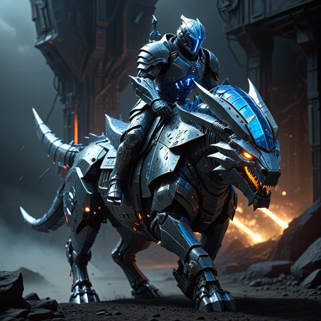 Armored Space Knight Battling Moondragon Mech