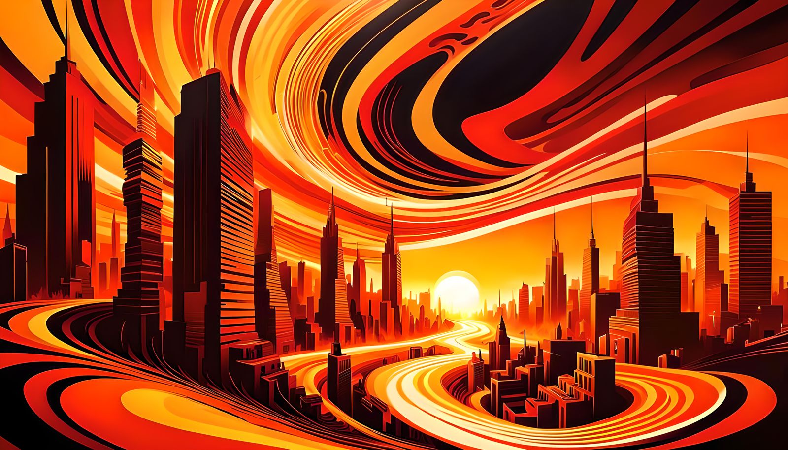 Psychedelic Summer Cityscape in Fiery Colors