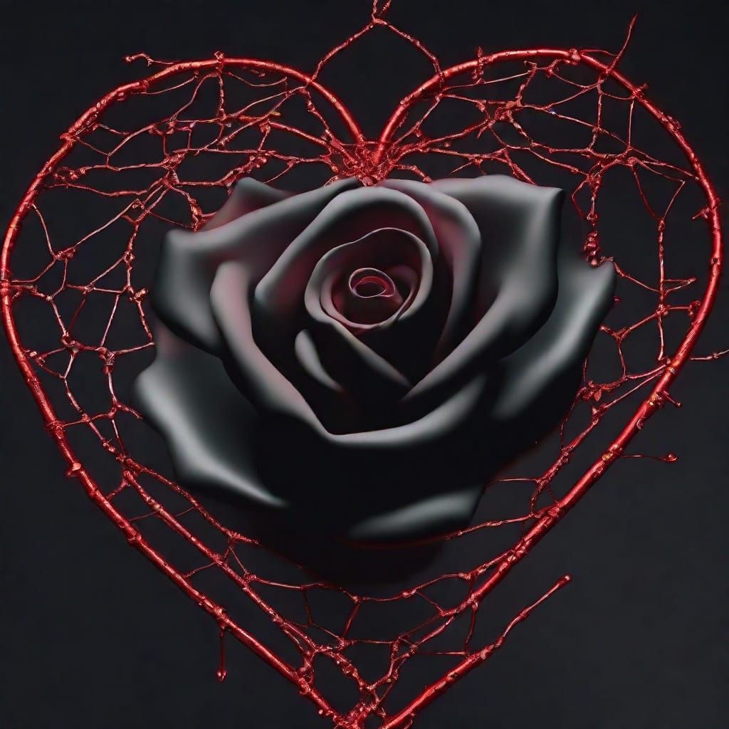 Gothic Black Rose on Heart Cobweb in Dark Fantasy
