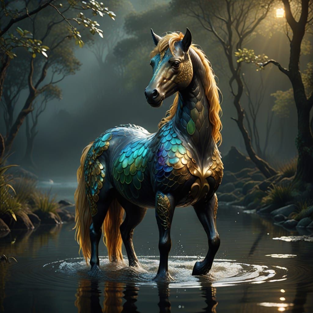 Surreal Scottish Kelpie Horse Emerges from Dark Mists in Cyb...