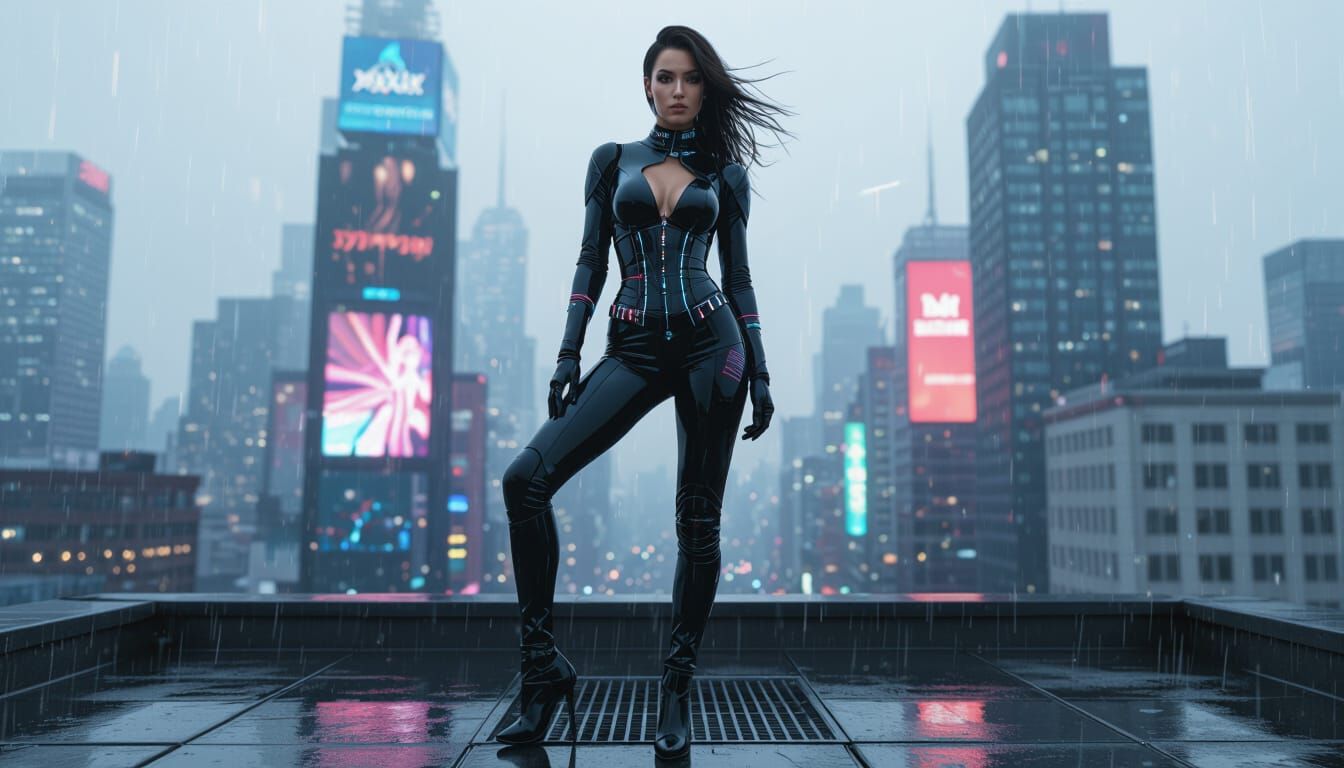 Cyberpunk Woman on Rooftop with Holographic Catsuit