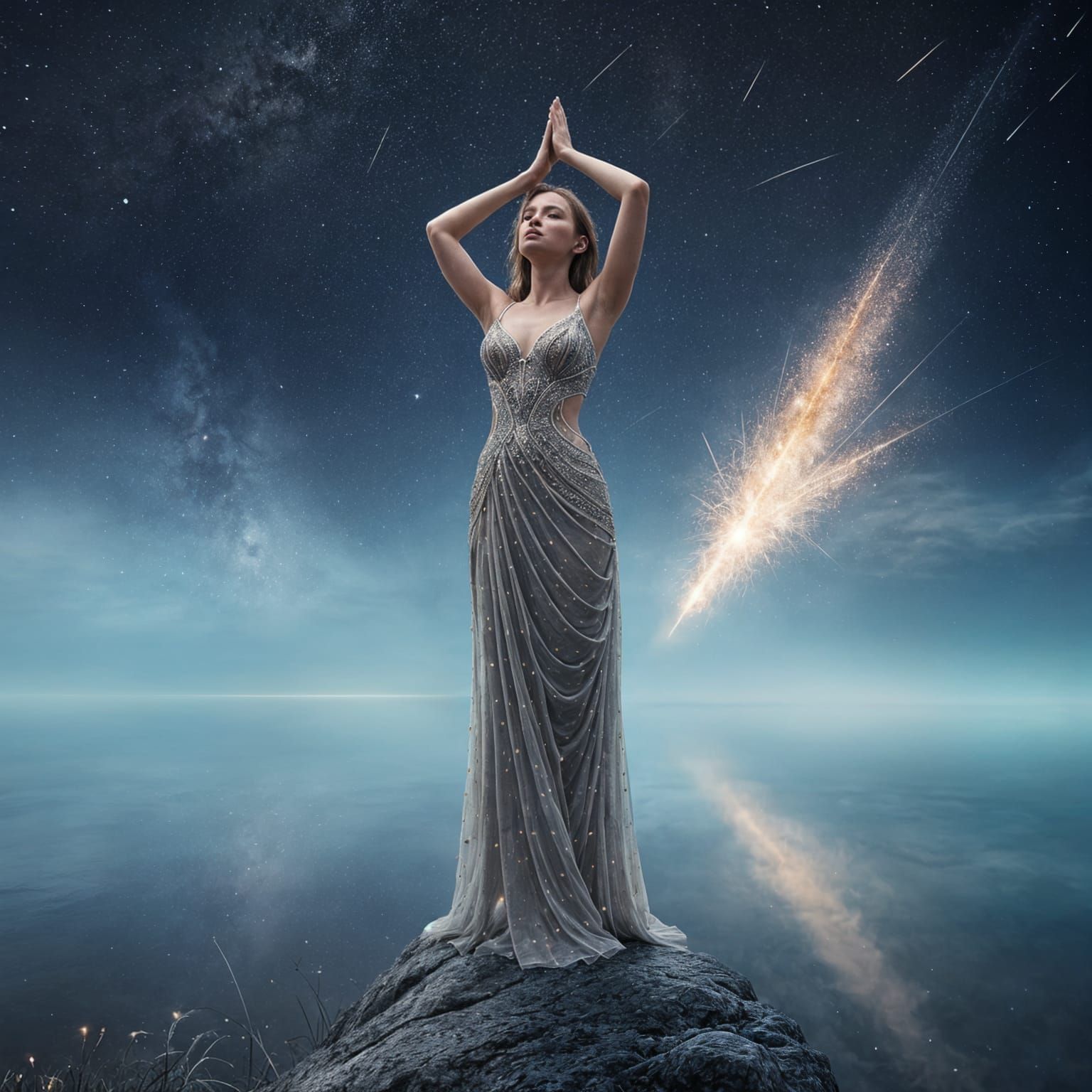 Hyperrealistic Woman Observes Meteor Shower